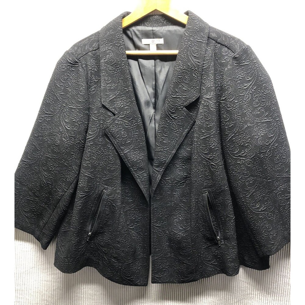 Roz & Ali Blazer Womens 2X Black Embossed Open Front Modern Career Zip Pockets